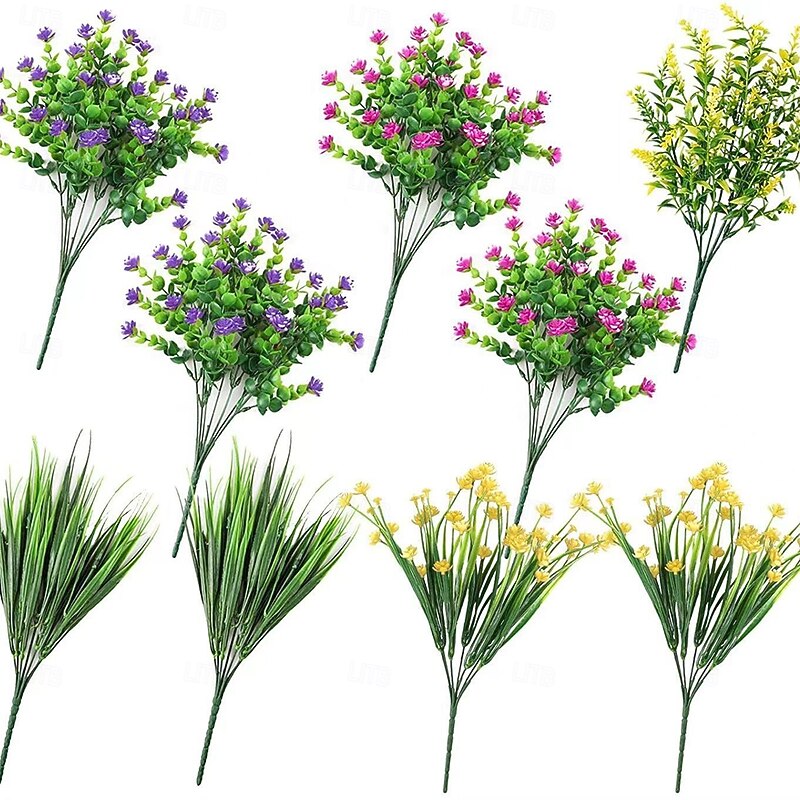 9 Bundles Artificial Flowers for Outdoors, Faux Eucalyptus and Spring Grass Greenery, UV Resistant Plastic Plants for Indoor or Outdoor Decoration, Home, Garden, Office, Porch2