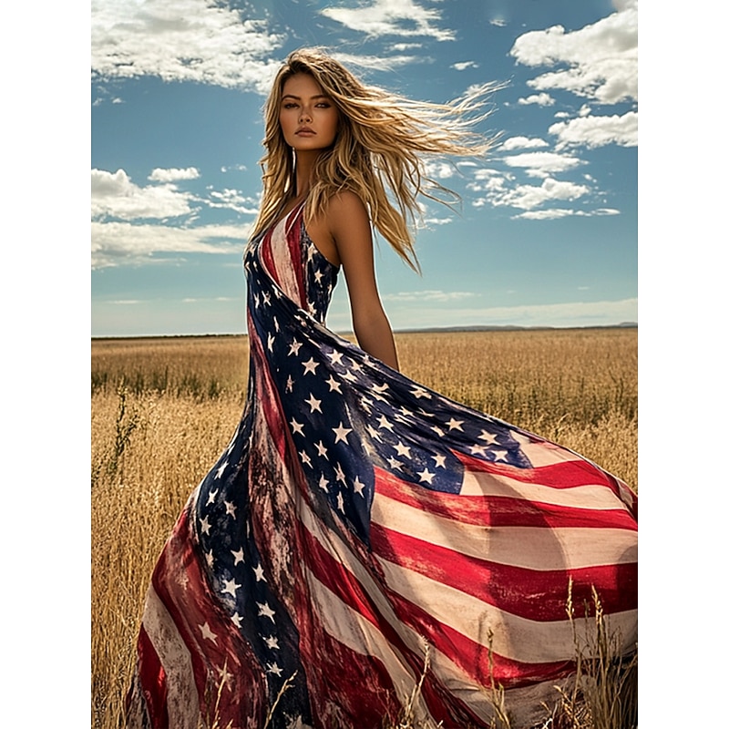 Women's Patriotic  Maxi Dress A Line Dress Slip Dress Vacation Casual Boho Beach Form Fit Graphic Flag Vintage Sleeveless V Neck Navy Blue Summer Spring