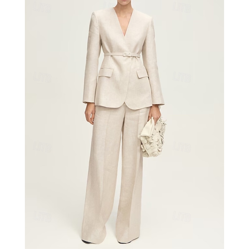 Women's 2 Pieces Suits Formal Wedding Guest Elegant Simple Long Sleeve Floor Length V Neck