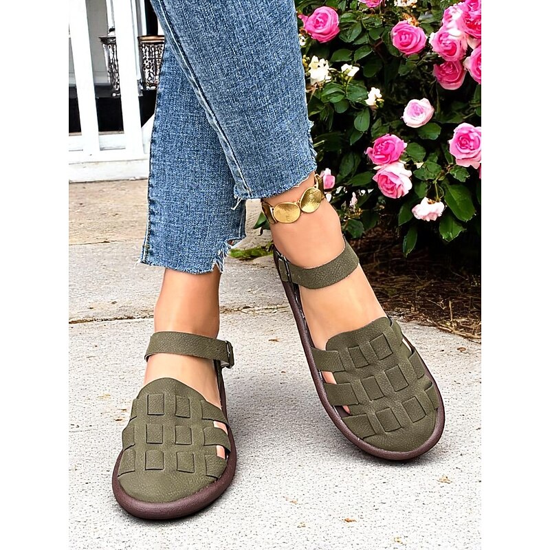 Women's Green Faux Leather Fisherman Shoes with Ankle Strap – Vintage Casual Flats for Garden, Patio and Summer Errands4