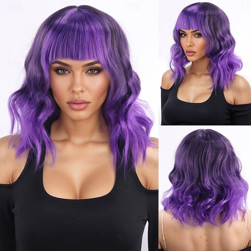 Synthetic Wig Wavy Water Wave Asymmetrical Neat Bang Machine Made Wig 14 inch A1 Synthetic Hair Women's Anime Classic Comfortable Purple