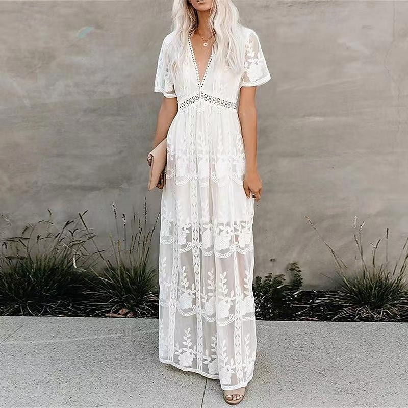 Women's Long Dress Maxi Dress Lace Dress Casual Dress Summer Dress Fashion Modern Daily Beach Weekend Regular Fit Plain Short Sleeve V Neck White Summer