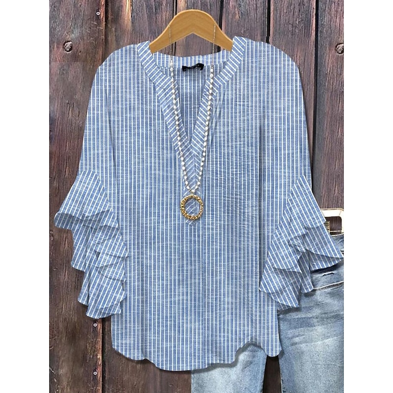Women's Blouse V Neck Layered Ruffle Sleeve Tops Floral Graphic Striped Daily Stylish Casual 3/4 Length Sleeve Regular Tops Daily Holiday Vacation Wear Print White Blue Sky Blue Orange Green Summer