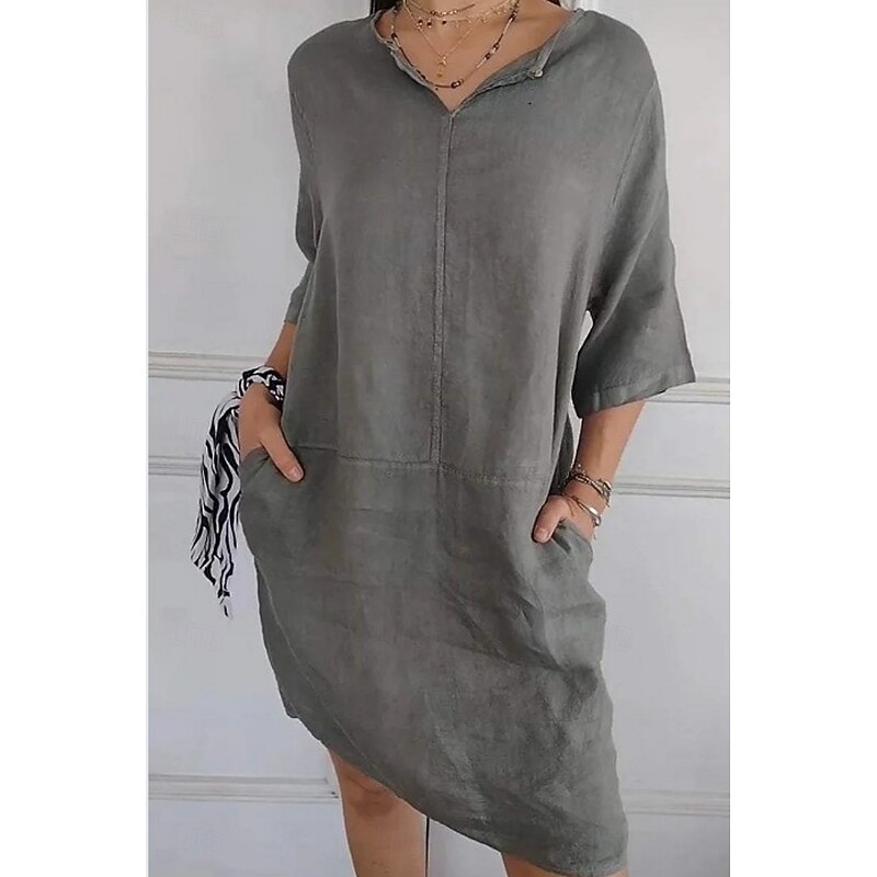 Women's Mini Dress Cotton Linen Dresses Casual Dress Summer Dress Basic Modern Daily Weekend Regular Fit Plain 3/4 Length Sleeve V Neck Black White Brown Gray Summer