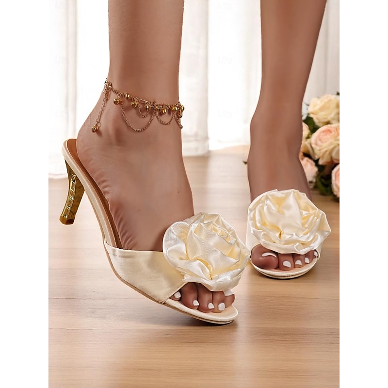 Women's Satin Open-Toe Wedding Heels with Gold Accents and Rose Detail - Elegant Bridal Slip-Ons for Special Occasions2