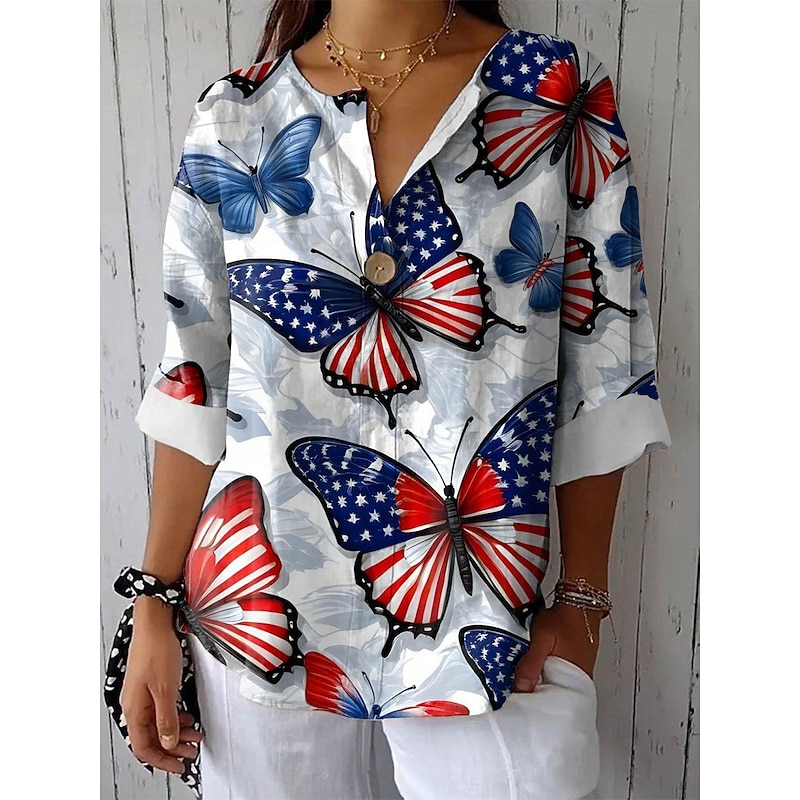 Women's Patriotic  Shirt Graphic Flag Vintage Stylish Casual 3/4 Length Sleeve V Neck Regular Tops Daily White Red Blue Summer Spring4