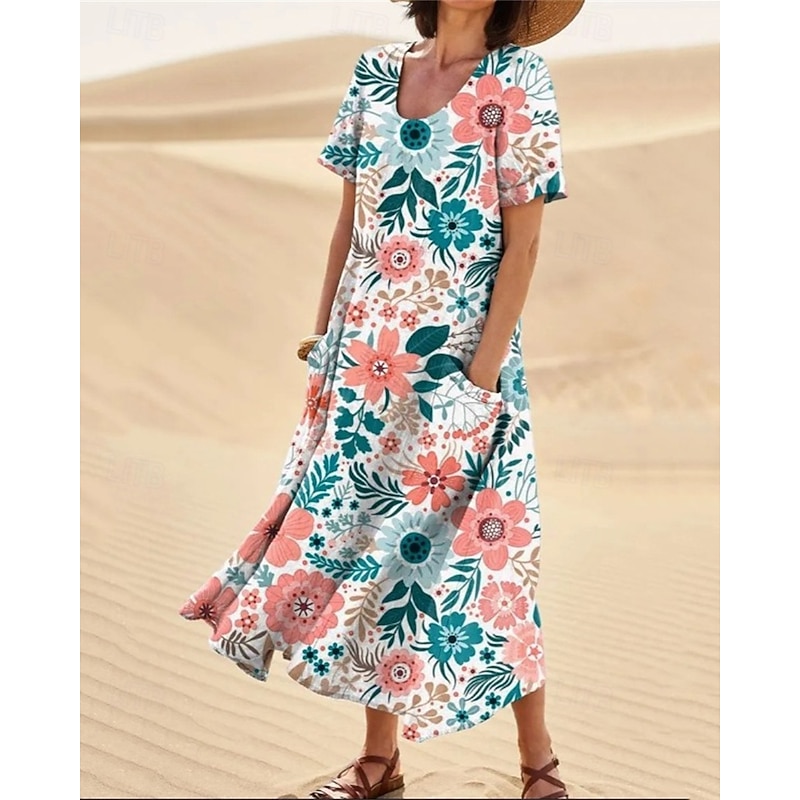 Women's Long Dress Maxi Dress Casual Dress Swing Dress Summer Dress Elegant Fashion Romantic Outdoor Party Holiday Regular Fit Flower Short Sleeve Crew Neck White Navy Blue Dark Green Summer3