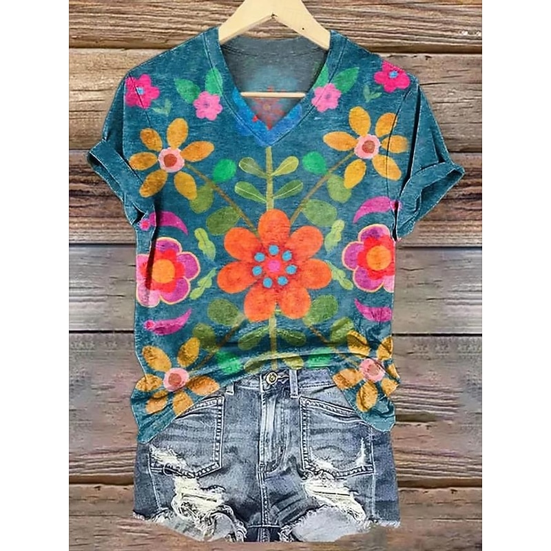Women's T Shirt Floral Graphic Plants Vintage Stylish Classic Short Sleeve V Neck Regular Tops Daily Print Black Yellow Blue Dusty Blue Purple Summer Spring