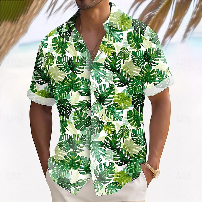 Men's Palm Leaf Tropical Plants Summer Hawaiian Shirt Button Up Shirt Aloha Shirt Short Sleeve Hawaiian Vacation Holiday Beach Wear Summer Spring Turndown 3D Print Collared Shirts Green