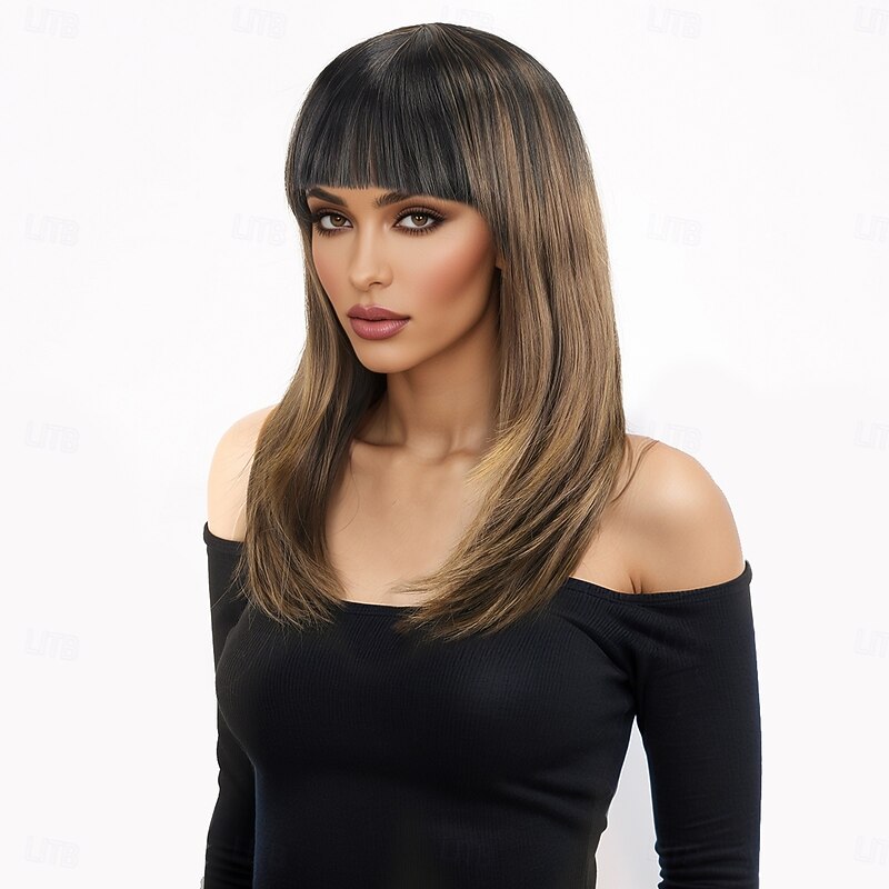 Synthetic Wig kinky Straight Natural Straight Asymmetrical Neat Bang Machine Made Wig 18 inch A1 Synthetic Hair Women's Classic Comfortable Color Gradient Brown3