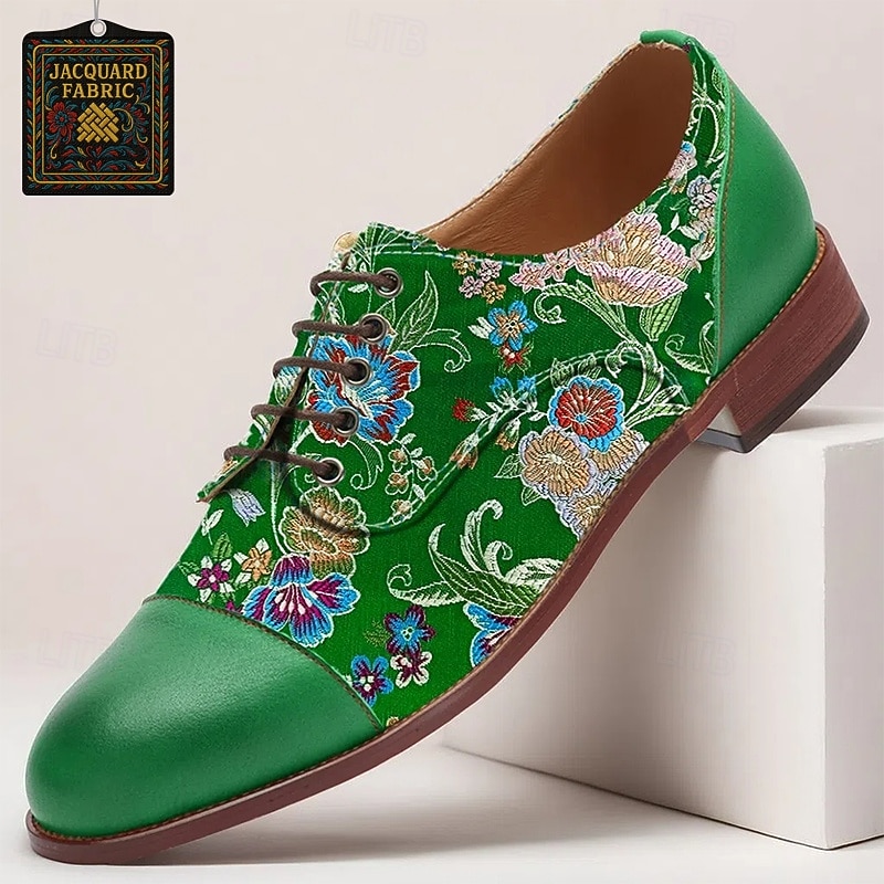Men's Shoes Green Jacquard Fabric Lace-Up Shoes with Floral Embroidery and Classic Design for Casual and Semi-Formal Occasions