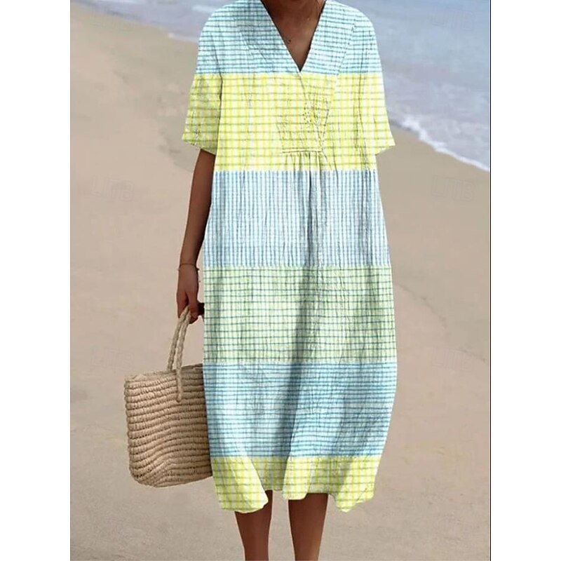 Women's Midi Dress Sundress A Line Dress Vacation Casual Beach Party Going out Beach Loose Fit Graphic Geometric Short Sleeve V Neck Blue White Light Green Royal Blue Blue Summer Spring4
