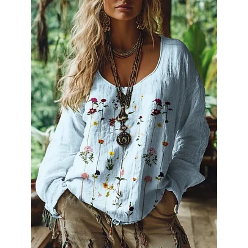 Women's Western Blouse Boho Shirt Blouse Flower Modern Casual Long Sleeve V Neck Regular Tops Daily Holiday Going out Print White Pink Blue Summer Autumn3
