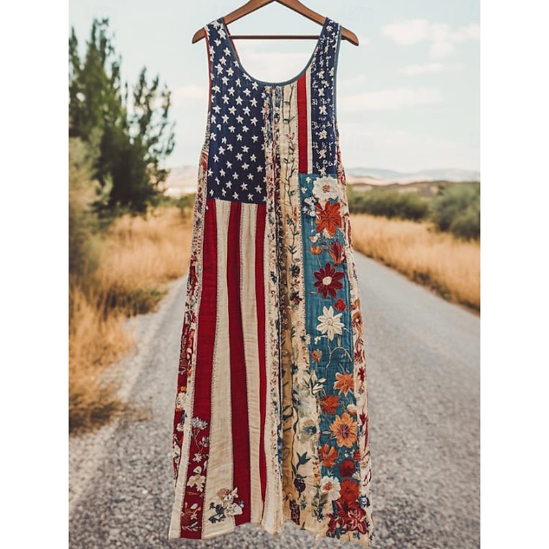 Women's Patriotic  Mini Dress Sundress A Line Dress Off The Shoulder Dress Vacation Casual Boho Party Regular Fit Floral Graphic Flag Sleeveless U Neck Red Green Summer2