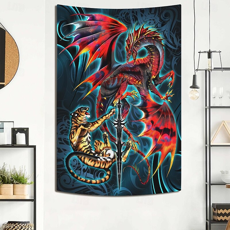 Ruth Thompson Blacklight Tapestry Glow in the Dark Glow Party UV Reactive Trippy Misty Hanging Tapestry Wall Art Mural for Living Room Bedroom Dragonblade Tigerblade HIGH REZ4