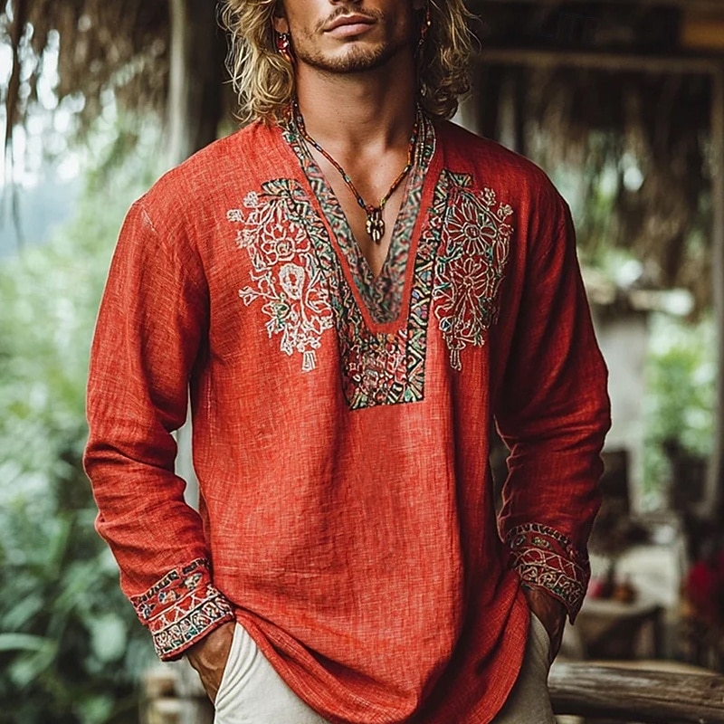 Men's Popover Shirt Summer Shirt Beach Wear Vintage Shirt Ethnic Shirt Floral Vacation Holiday Yellow Blue Orange Brown Long Sleeve V Neck Summer Spring Clothing Apparel
