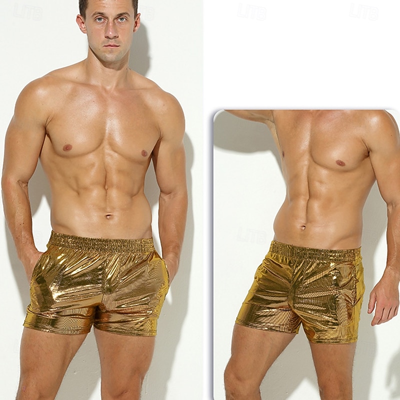 Retro Vintage 1980s Rave Shorts Disco Shiny Latex Patent Metallic Fancy Dress Men's Halloween Carnival Music Festival Pride Parade Gay Club Adults' Shorts Summer2