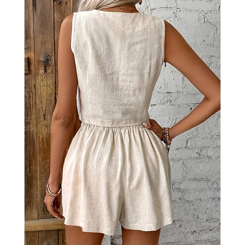 Women's Active Fashion Cotton Linen Sets Blouse Shorts Sets Sleeveless V Neck Solid Color Dubbele Rij Knopen Holiday Weekend Beige Summer Regular Fit4