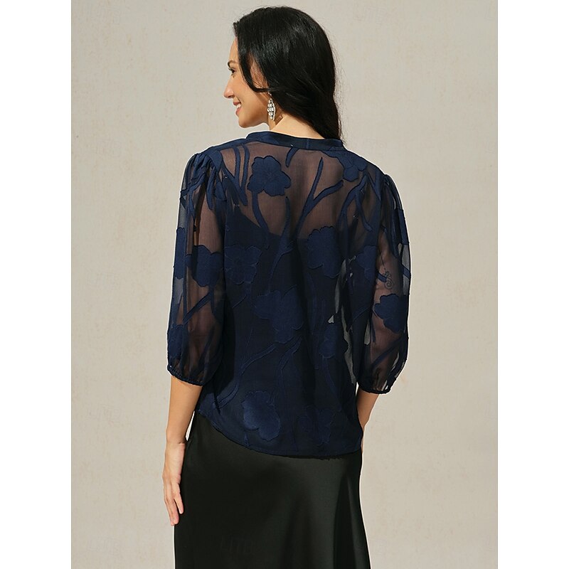 Women's Blouse Button-Up Shirt with Camisole Floral  Elegant Vintage Stylish Half Sleeve V Neck Regular Tops Work Holiday Going out Buttons Eyelet Navy Blue Summer Spring Fall2