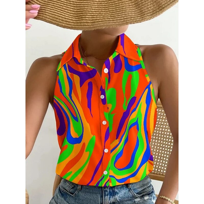 Women's Shirt Button Down Blouse Graphic Color Block Stylish Casual Sleeveless Shirt Button Down Blouse Collar Regular Tops Daily Buttons Print Black Navy Blue Blue Rainbow Summer2