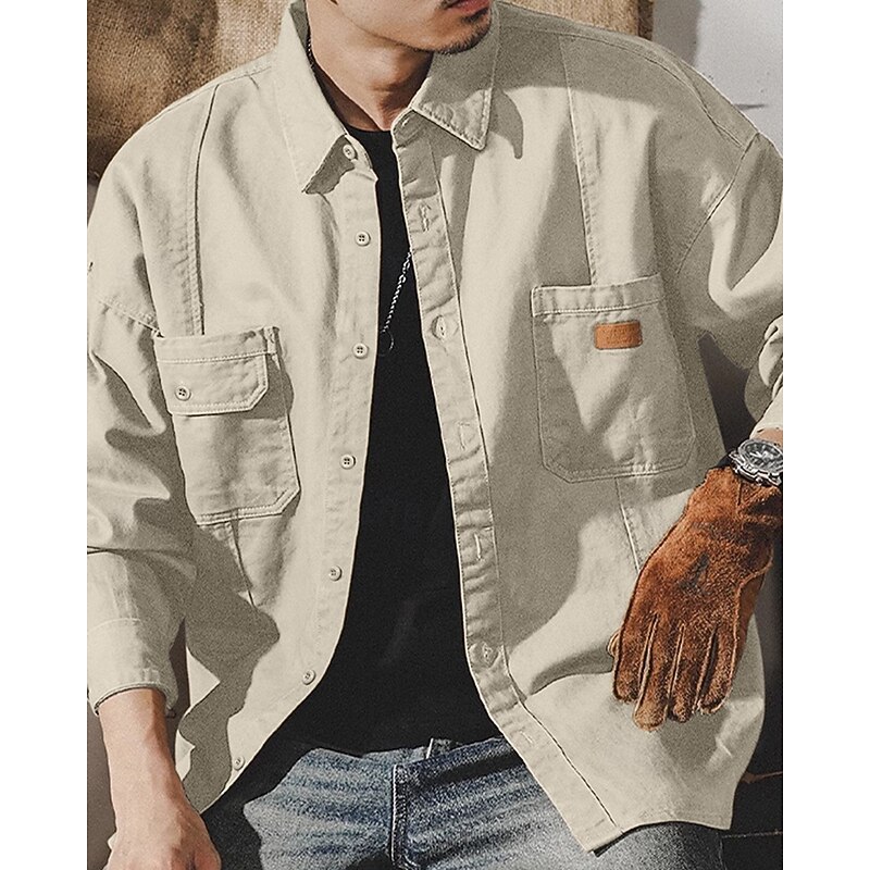Men's Shirt Jacket Overshirts Transition Jacket Daily Lightweight Pocket Summer Spring Plain Classic Lapel Apricot Black Navy Blue Blue Dark Green Jacket