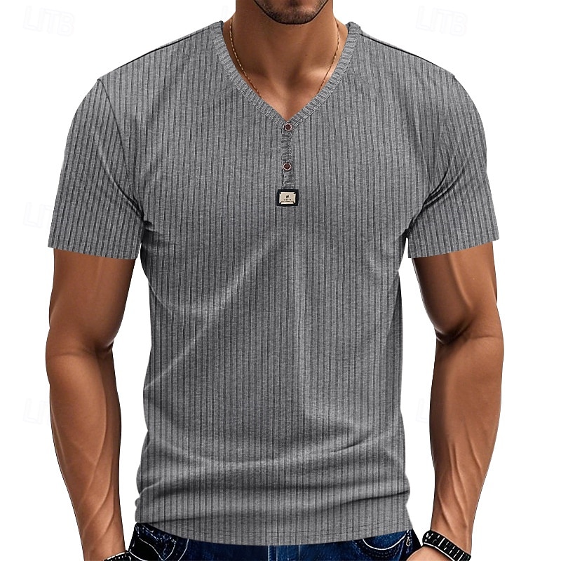 Men's T Shirt Henley Shirt Tee Short Sleeve Shirt Short Sleeve V Neck Summer Plain Fashion Designer Basic Jacquard Vacation Street Going out Black White Khaki Top Tee for Men