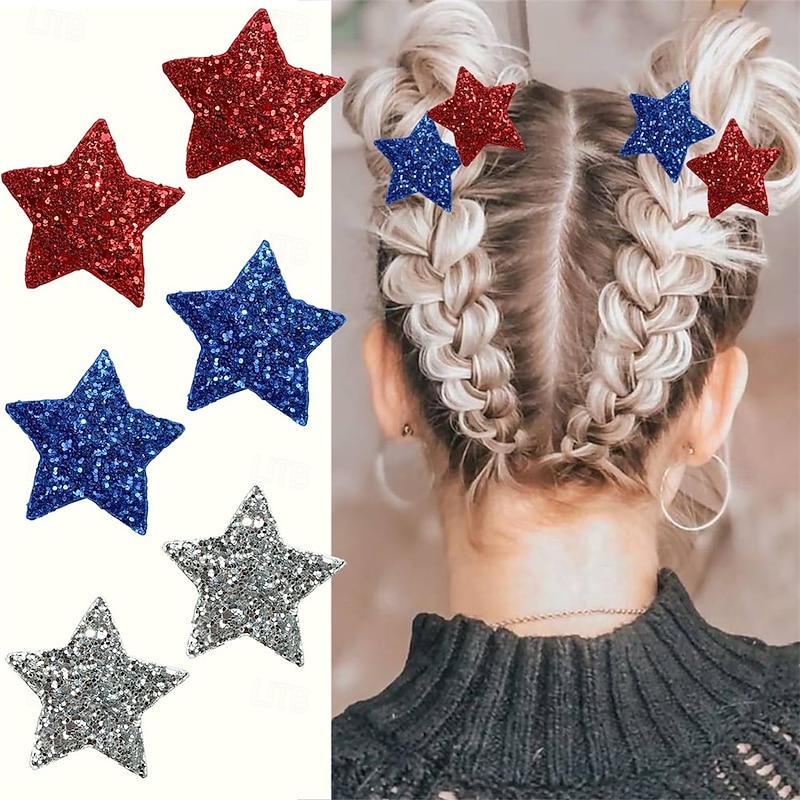 6Pcs 4th of July Hair Clips for Women Red White Blue Star Snap Hair Accessories with Glitter Patriotic Hair Clip Independence Day Flat Hair Barrettes for Holiday Party Hair Decoration