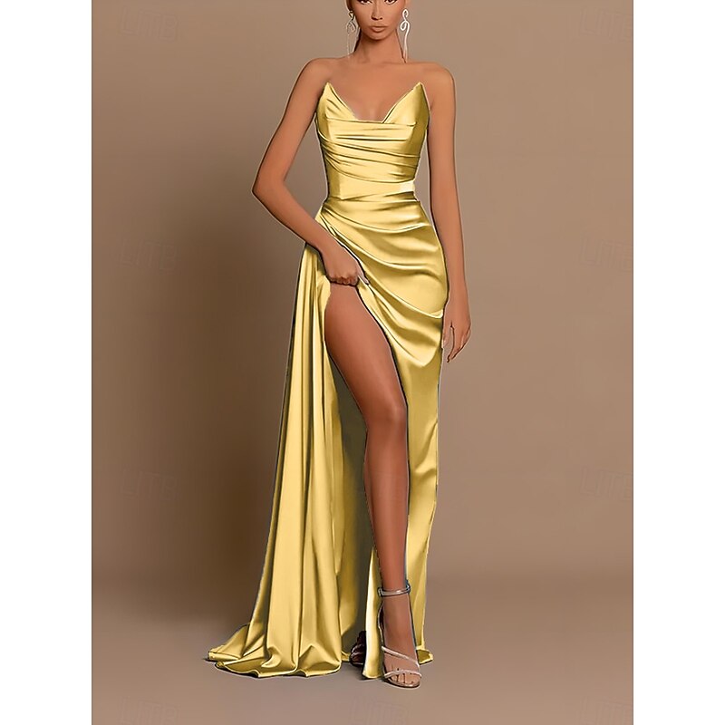 A-Line Evening Gown Party Dress Wedding Guest Prom Sweep / Brush Train Sleeveless V Neck Bridesmaid Dress Charmeuse Backless with Pleats Ruched Slit Masquerade Dress4