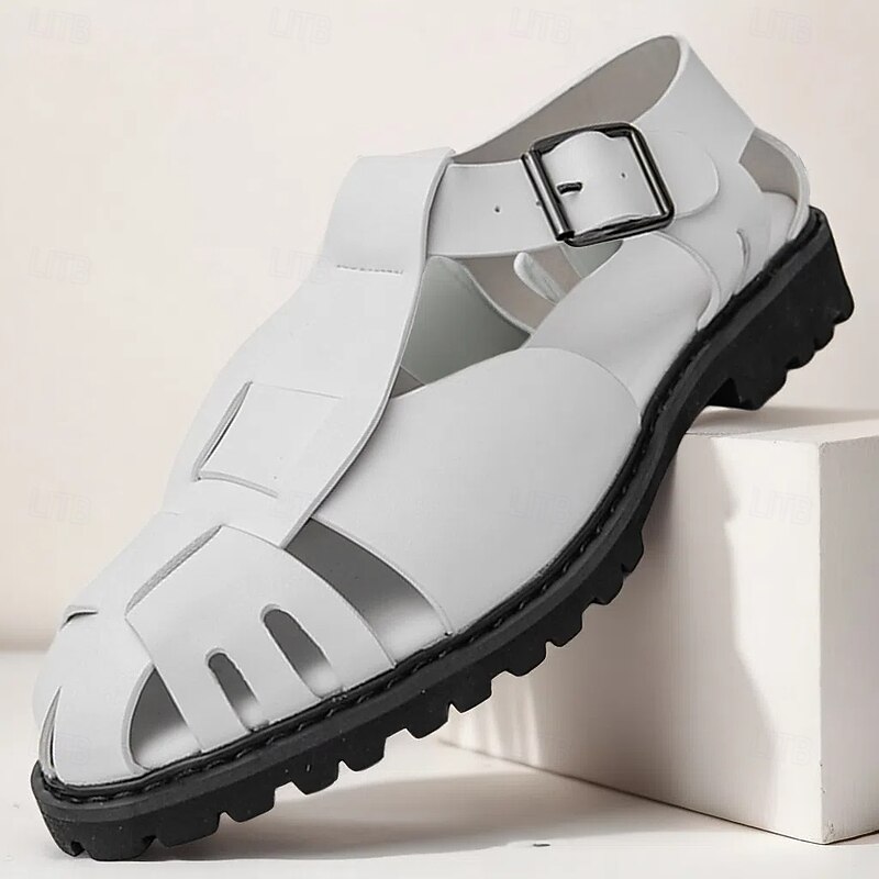 Men's White Open-Toe Faux Leather Sandals - Casual and Comfortable Summer Footwear for Outdoor Activities