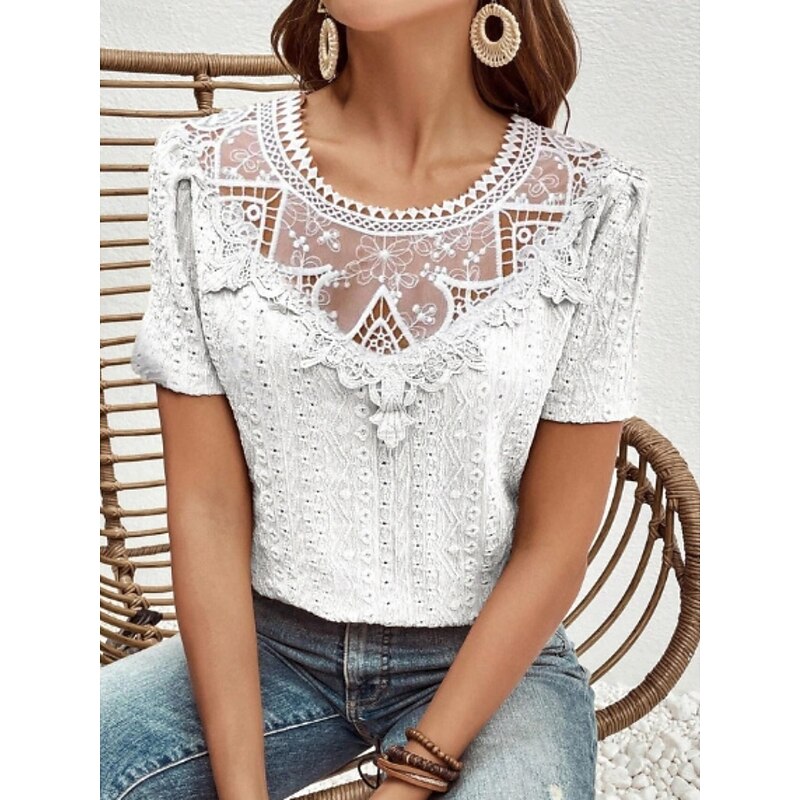 Women's T Shirt Plain Fashion Modern Casual Short Sleeve Crew Neck Regular Tops Daily Weekend Lace Patchwork Black White Pink Blue Khaki Summer