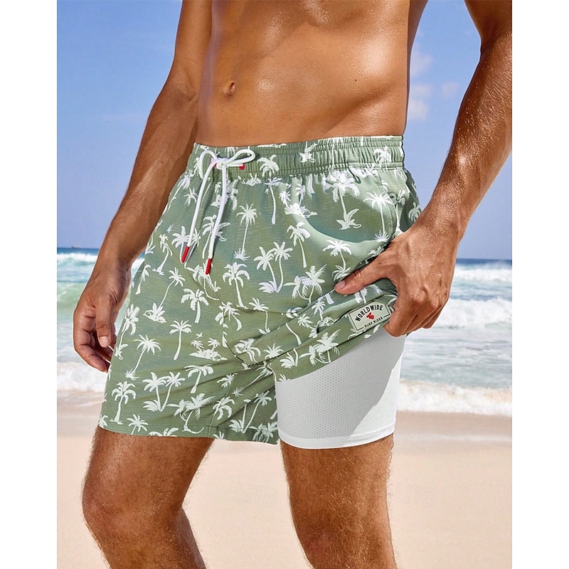 Men's Swim Shorts Board Shorts Swim Trunks Coconut Tree Stripes Quick dry Breathable Drawstring Elastic Waist With Compression Liner Vacation Beach Hawaiian Casual Blue Green2