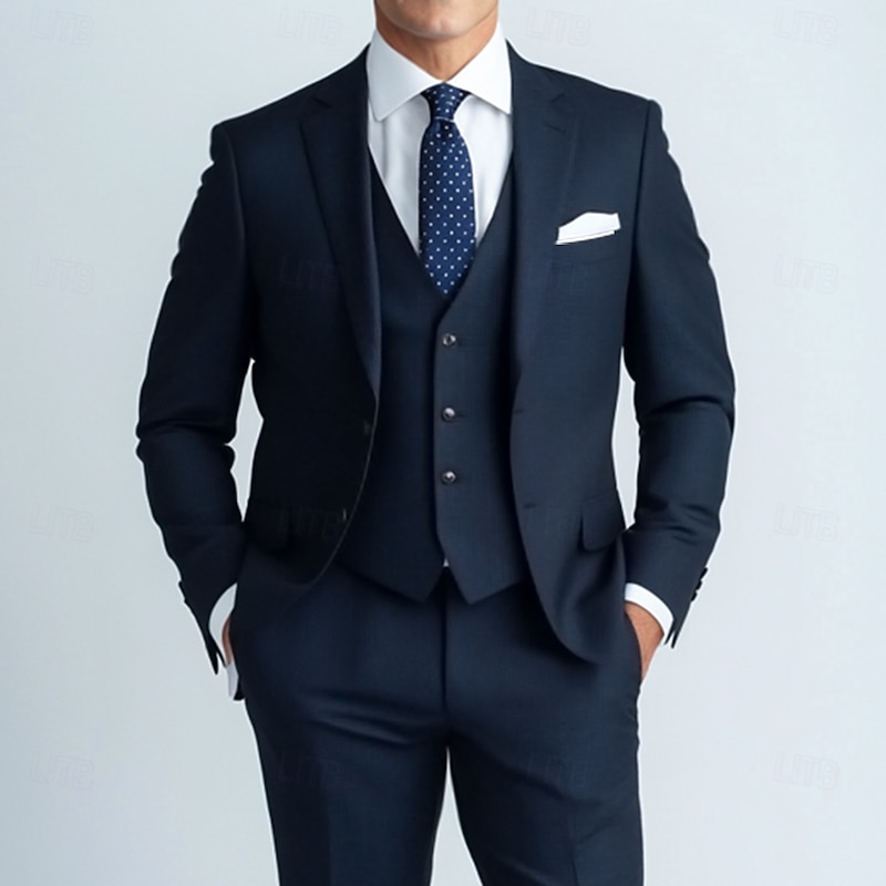 Men's Business Suits Notch Lapel Navy Blue Fashion Formal Solid Colored Slim Fit 3 Piece Single Breasted Two-buttons2