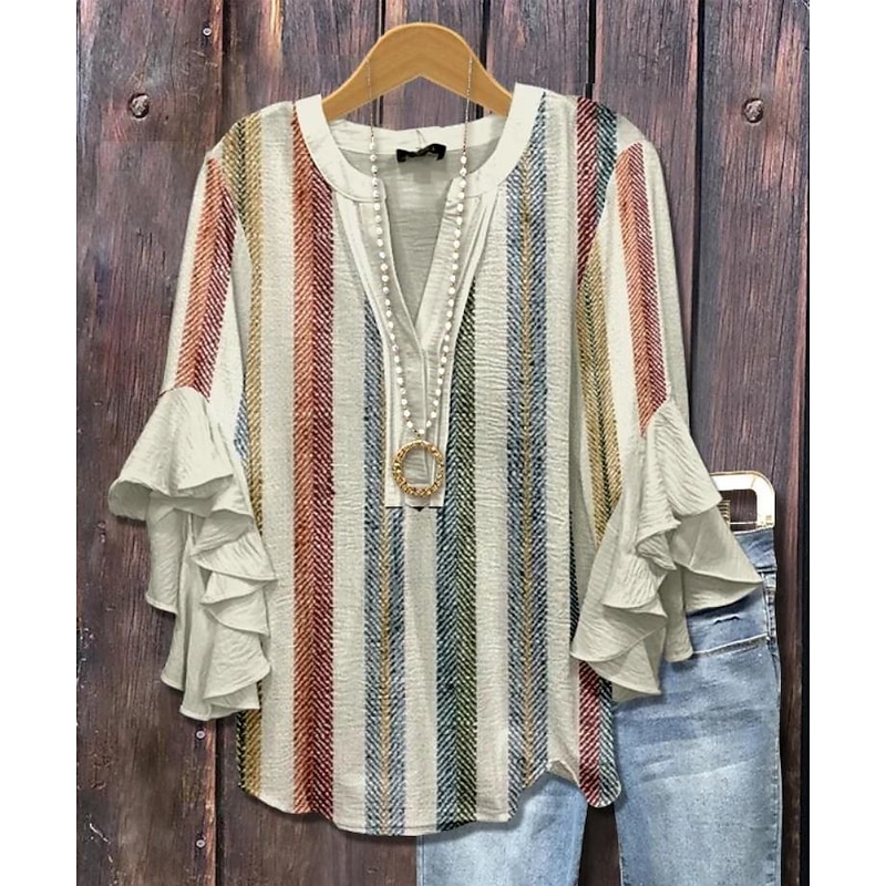 Women's Blouse V Neck Graphic Geometric Bohemia Vintage Daily 3/4 Length Sleeve Regular Tops Daily Holiday Vacation Wear Print Black White Yellow Green Khaki Summer Spring Fall3