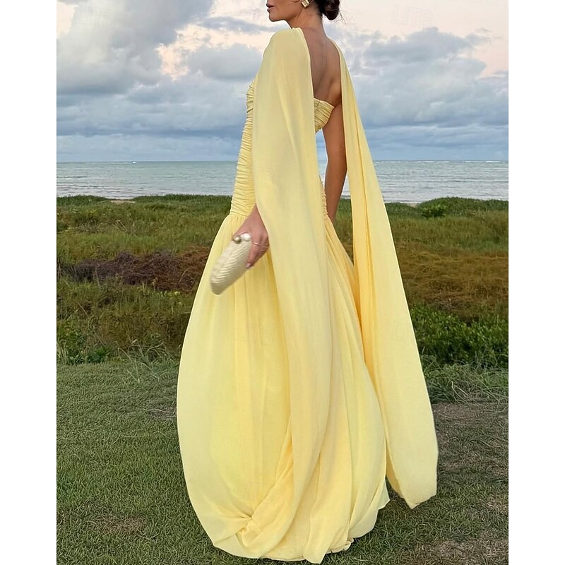 A-Line Evening Gown Dropped Waist Dress Semi Formal Wedding Guest Cape Dress Floor Length Sleeveless Off Shoulder Chiffon with Ruched Dreails3