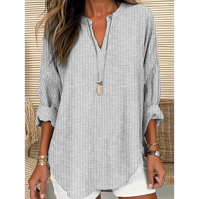 Women's Blouse Tunic V Neck Long Sleeve Boho Casual Tops Graphic Striped Elegant Stylish Regular Tops Daily Print Pink Blue Green Gray4