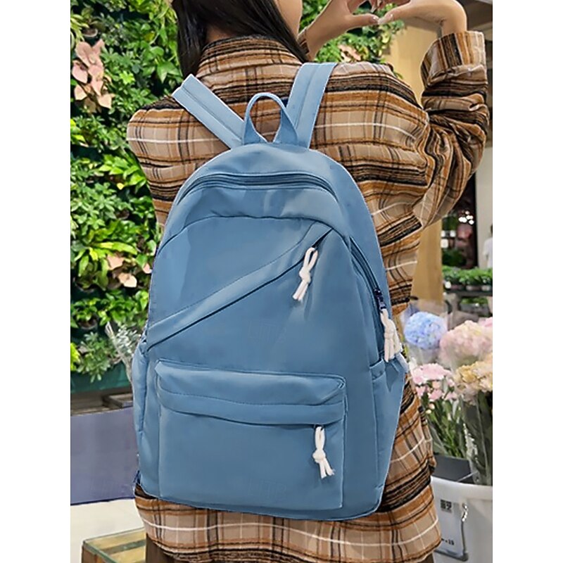 Unisex Solid Color Nylon School Backpack with Multi-Pocket Design – Lightweight, Minimalist Style Bookbag for Teenagers and College Students3