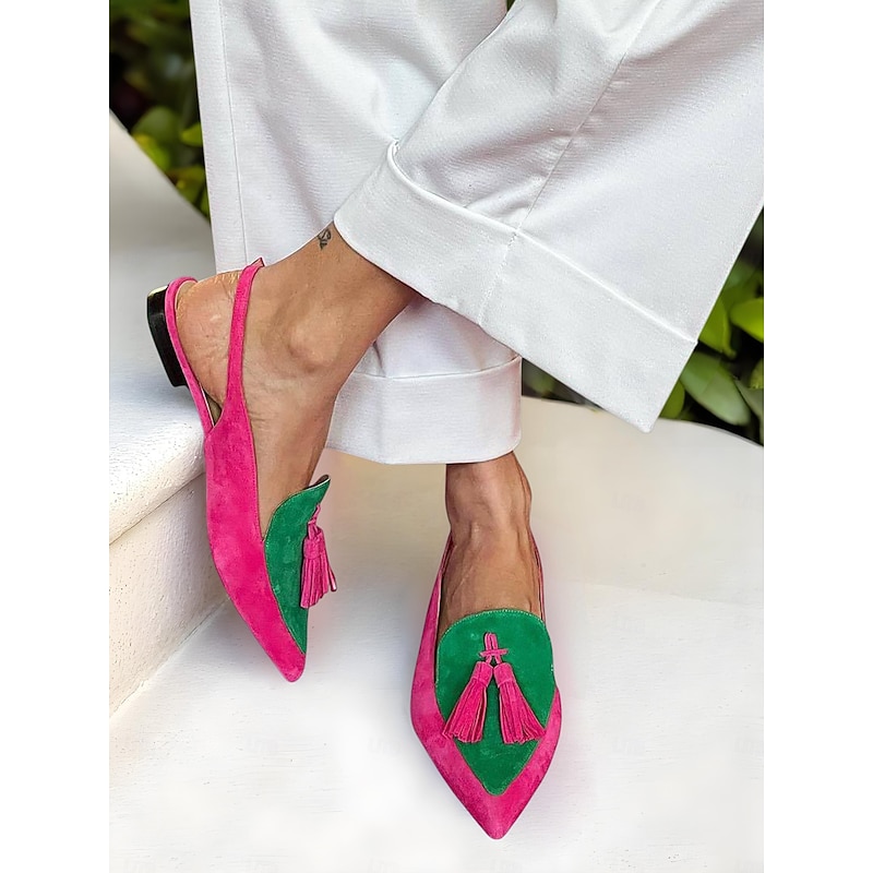 Women's Colorblock Suede Pointed Toe Slingback Flats - Pink and Purple Tassel Loafers for Adults, Daily Date & Trendy Casual Outings