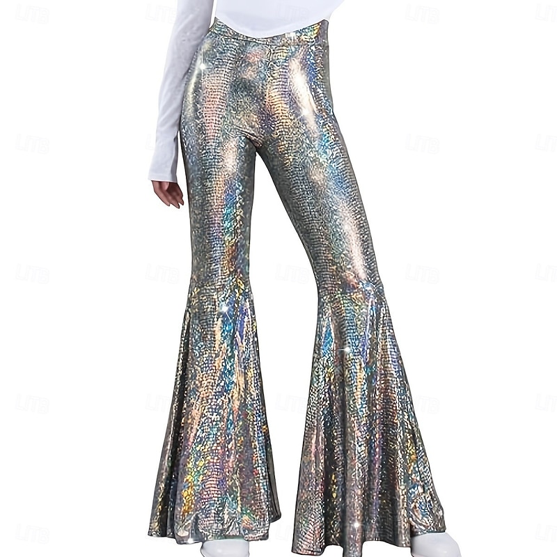 Retro Vintage 1970s Groovy Bell Bottom Pants Flared Trousers Disco High Waist Shiny Latex Patent Metallic Snakeskin Fancy Dress Women's Halloween Carnival Music Festival Retro Theme Party Adults'
