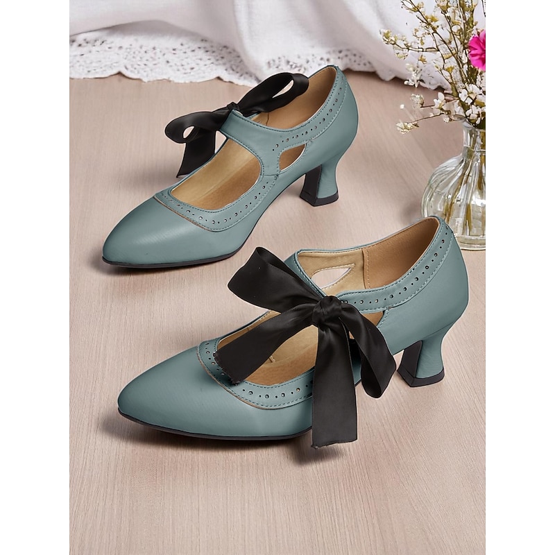 Women's Edwardian Vintage Gatsby Ribbon Heels-1900s Style Purple Mary Jane Shoes with Black Bow, Cutout Design and Curved Mid Heels for Historical Cosplay, Retro Tea Parties and Costume Events