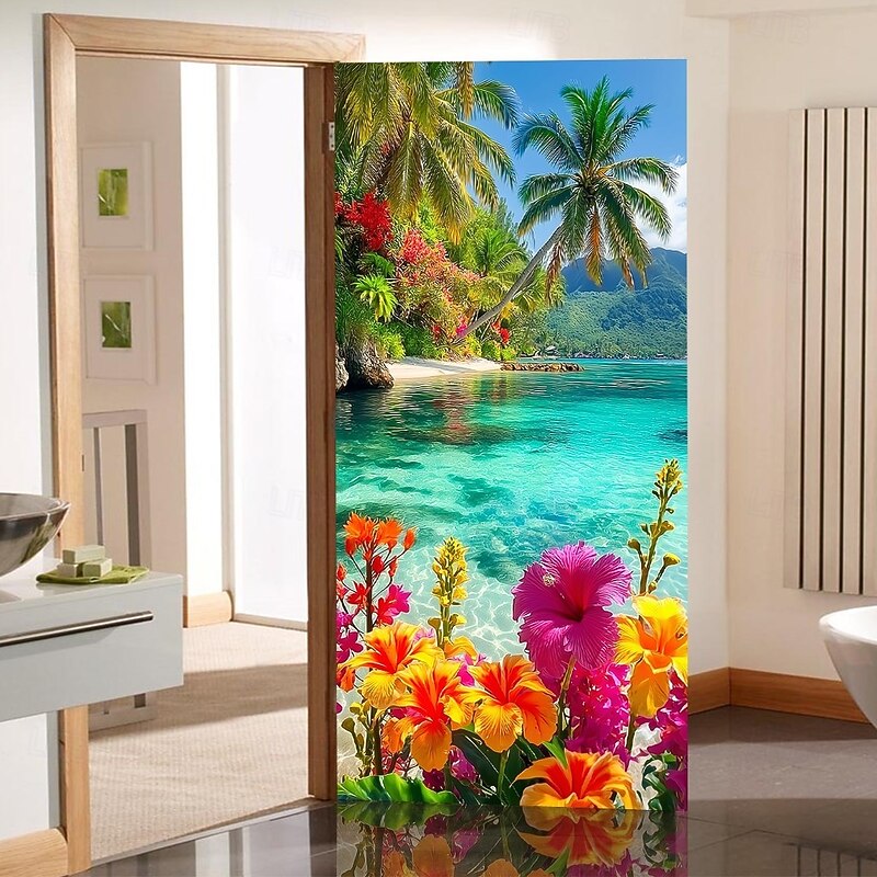 Ocean Beach Door Decorations Door Covers Summer Floral Door Tapestry Door Curtain Decoration Backdrop Indoor/Outdoor Door Banner for Front Door Farmhouse3