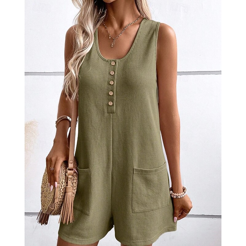 Women's Normal Romper Streetwear Solid Color Sleeveless U Neck Buttons Pocket Street Daily Regular Fit Black Light Green Pink Summer3