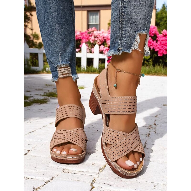 Women's Cut-Out Chunky Heel Sandals with Adjustable Strap – Comfortable and Stylish Shoes for Casual Summer Wear and Outdoor Events