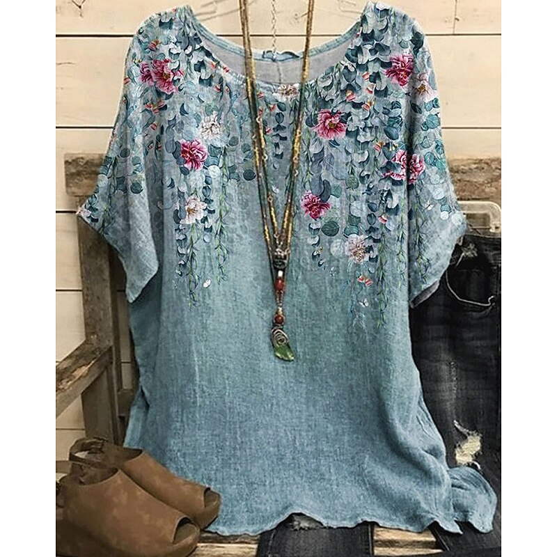 Women's Shirt T Shirt Tee Top Flowers Elegant Fashion Modern Short Sleeve Crew Neck Regular Tops Daily Weekend Print Red Blue Purple Orange Green Summer