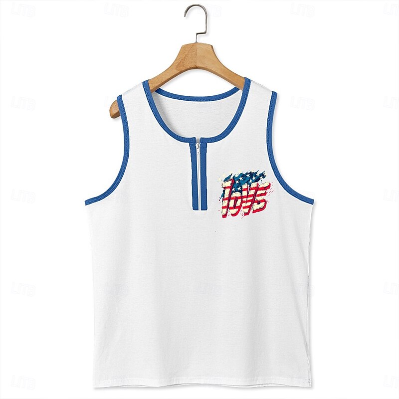 Men's Tank Top Vest Undershirt Sleeveless Shirt Sleeveless U Neck Henley Summer Patchwork Printed Independence Day Fashion Sporty Classic Zipper Graphic Street Casual Sports Black White Navy Blue Top2