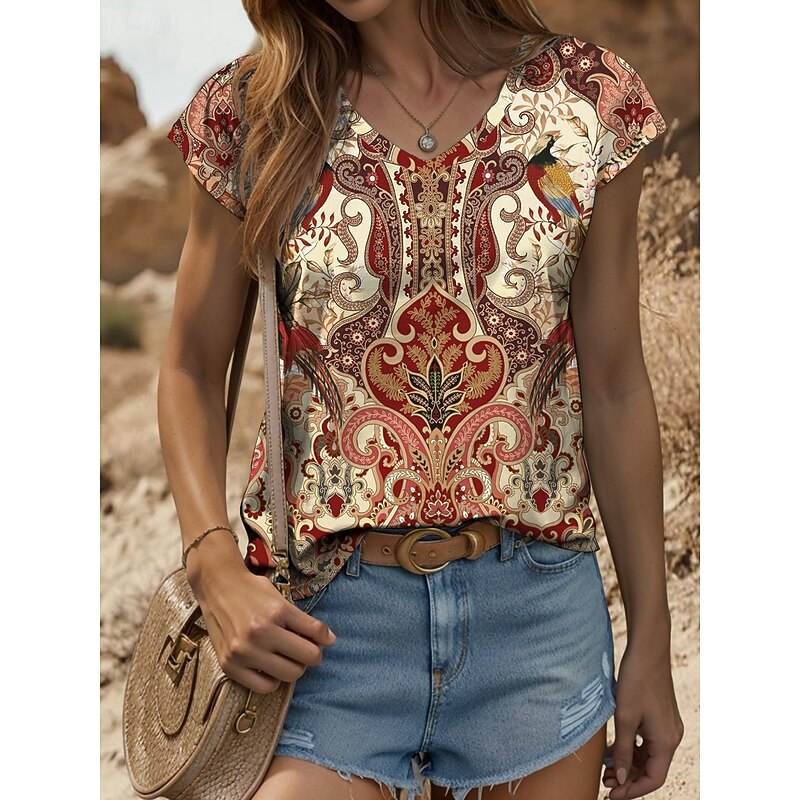 Women's Boho  Camisole Tank Top Graphic Vintage Stylish Classic Sleeveless Short Sleeve V Neck Regular Tops Daily Print Red Blue Purple Green Summer Spring