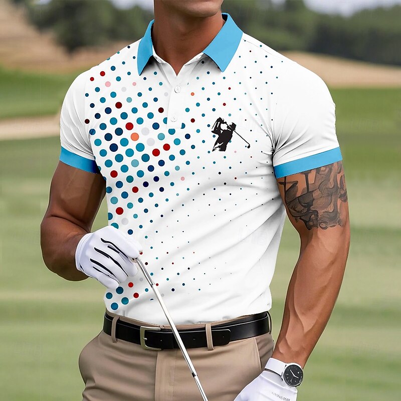 Men's Circle Golf Sports Polo Shirts Short Sleeve Polo Shirts Collared Shirts Casual Outdoor Sports Daily Wear 3D Print Summer Lake blue White Blue