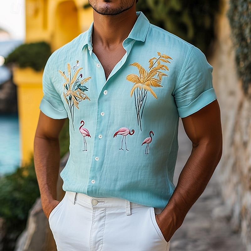 Men's Linen Shirt Summer Shirt Beach Wear Button Up Shirt Animal Vacation Holiday White Blue Short Sleeve Turndown Summer Spring Clothing Apparel