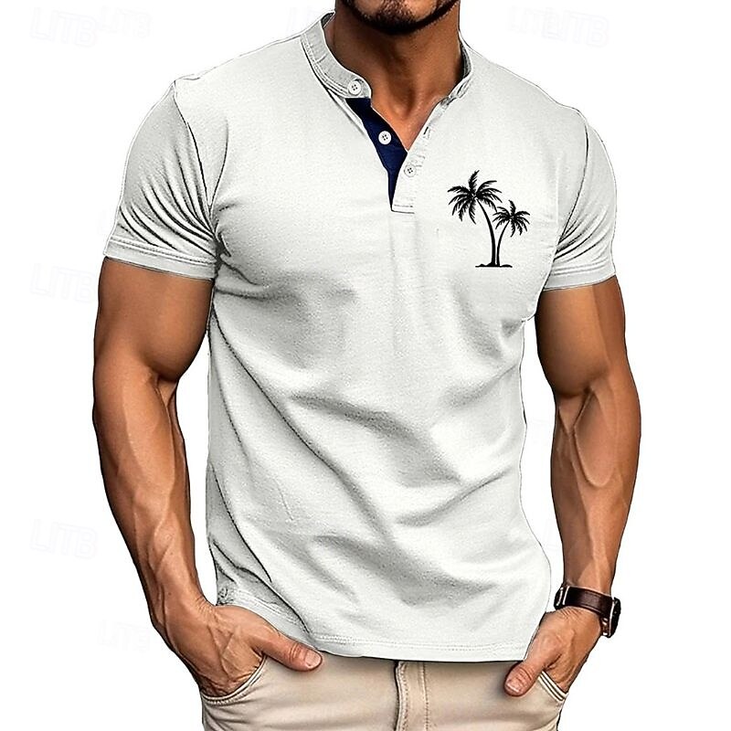Men's T Shirt Henley Shirt Tee Short Sleeve Shirt Short Sleeve Henley Summer Leaf Fashion Designer Fashion Vacation Street Going out Black White Blue Top Tee for Men3