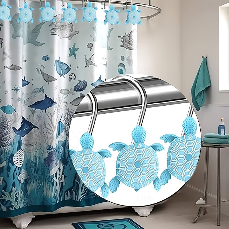 Nautical Blue Sea Turtles Beach Theme Shower Curtain Hooks 12pcs, Ocean Decor Shower Hooks for Shower Curtain, Tropical Shower Curtain Rings Rust Proof Shower Curtain4