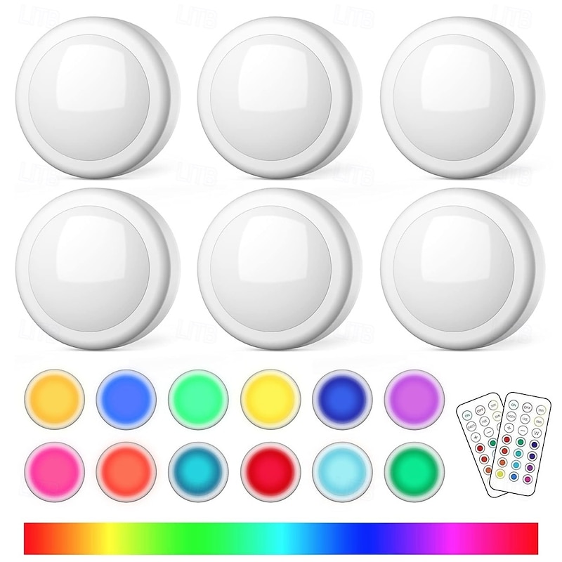 LED Night Light with Remote Control Battery Powered LED Puck Lights 12 Color RGB Dimmable Magnetic Night Light for Bedroom Closet Under Counter Under Cabinet 6pcs